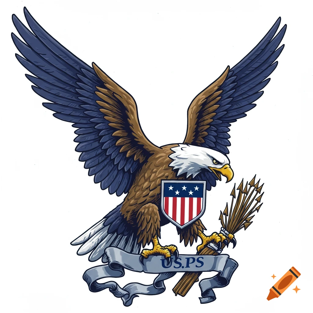 Illustration of an eagle holding a shield and arrows with text US.PS on a banner