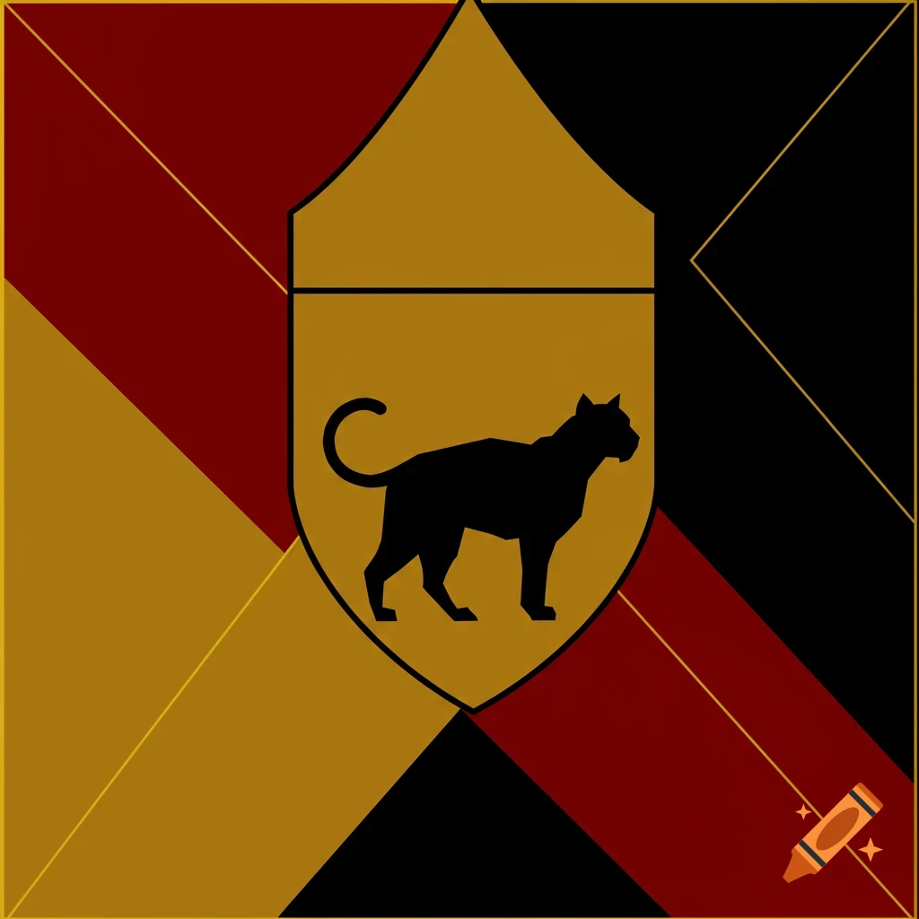 A graphic house banner with a black cat silhouette centered on a gold shield, against a background of red, gold, and black geometric shapes.