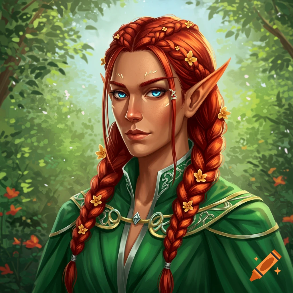 A high elf with red braided hair stands in a forest.
