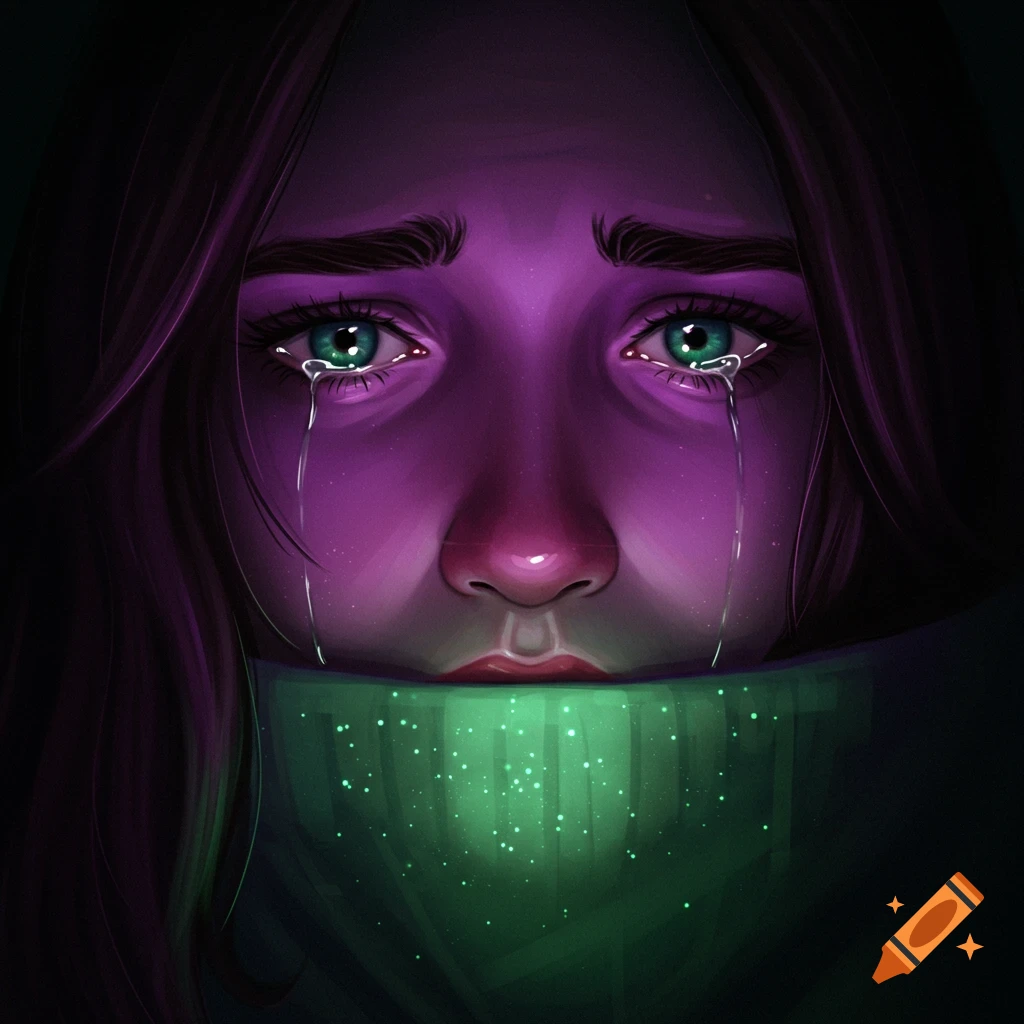 Close-up of a woman's face with glowing green tears.
