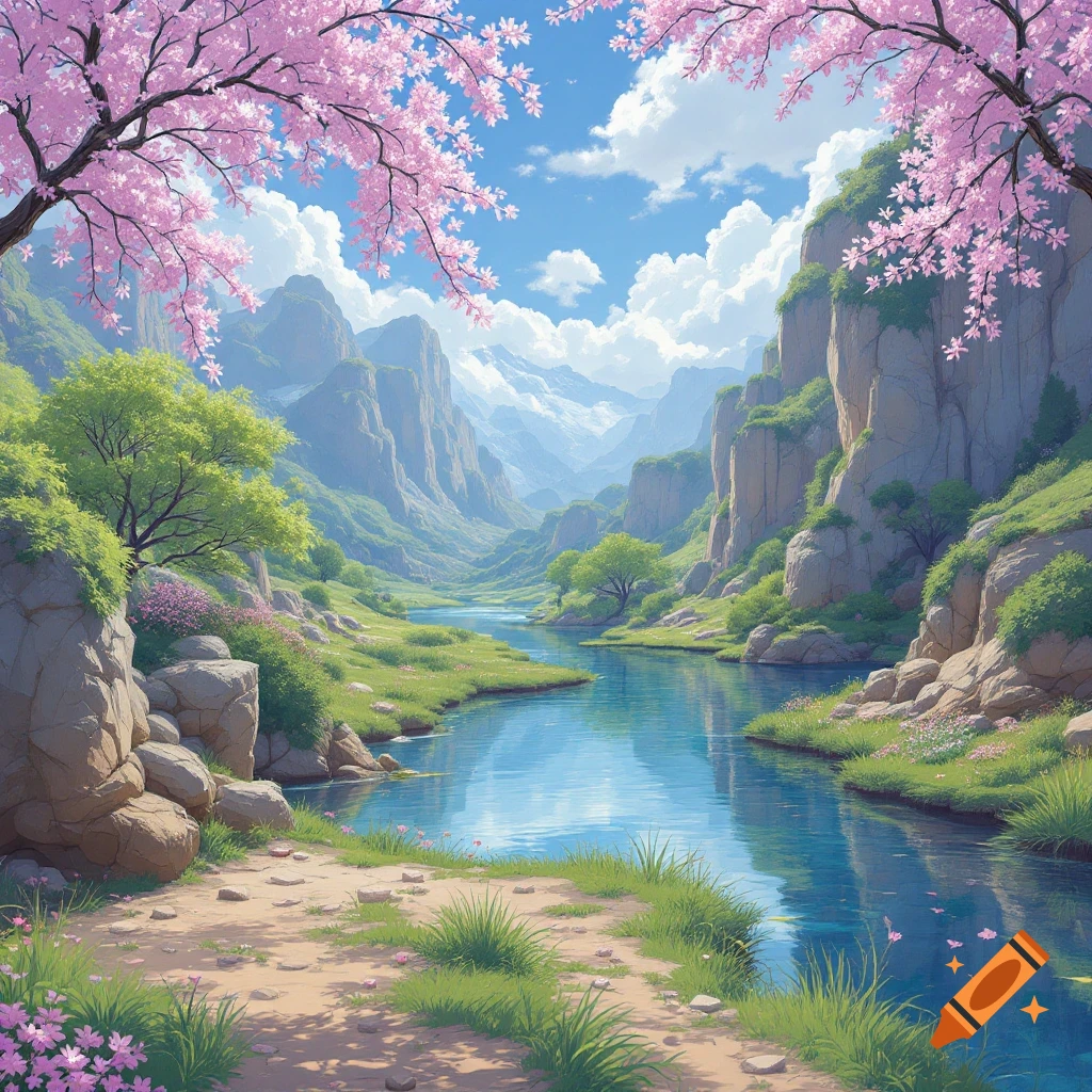 A vibrant image of a river flowing through a valley with cherry blossom trees and mountains under a blue sky.