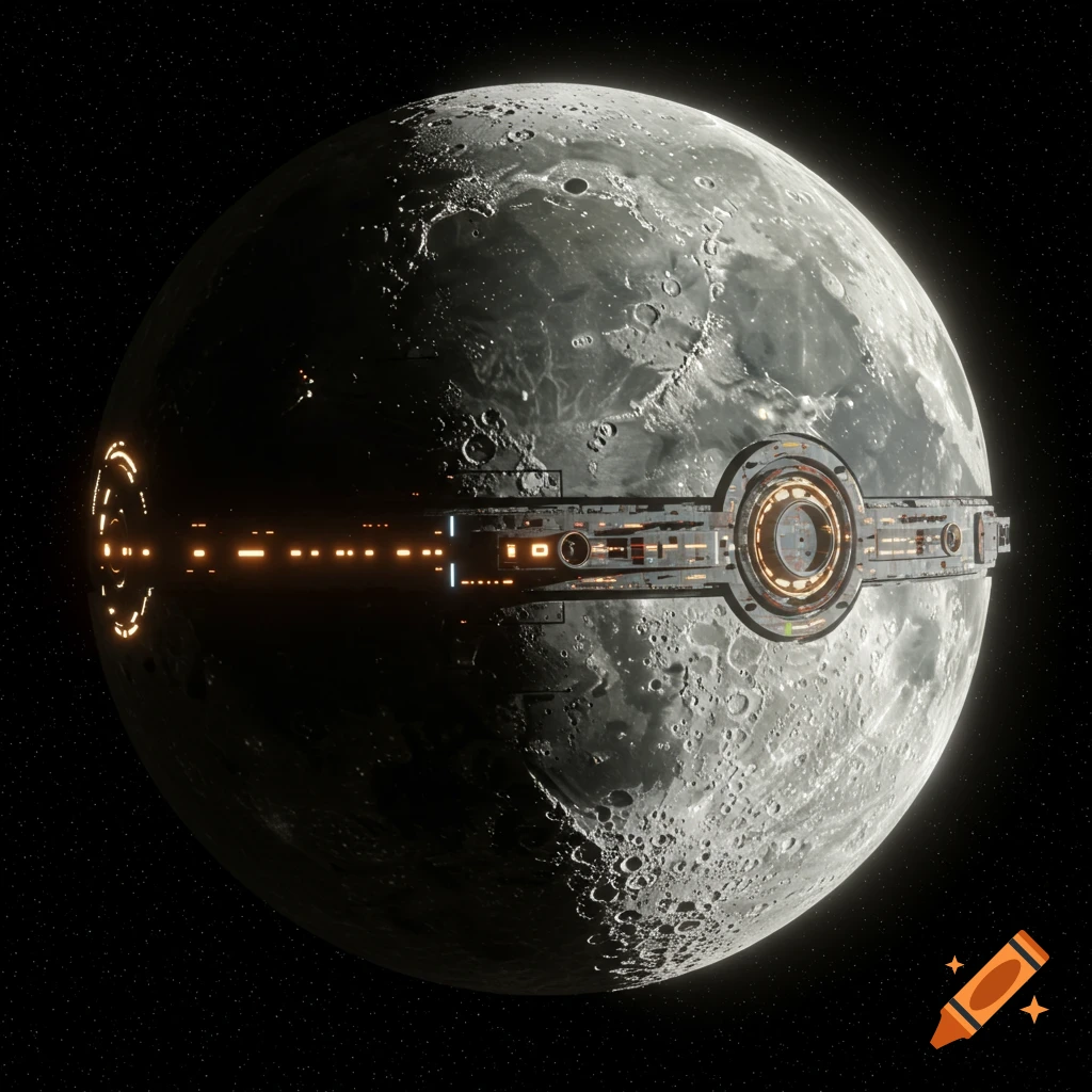 The moon transformed into a spherical spaceship orbiting in space.