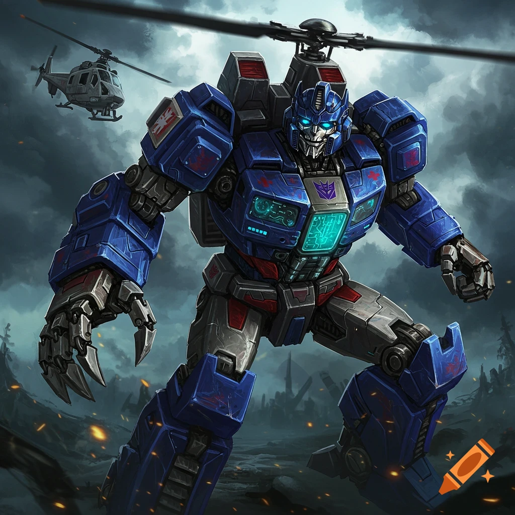 A blue and gray Decepticon Transformer with rotor blades on its back stands on a battlefield with a helicopter in the background.
