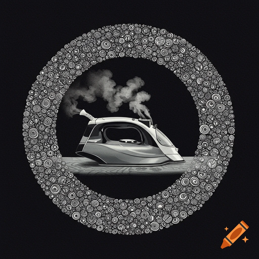 Sleek steam iron inside a decorative monochrome circle, digital art