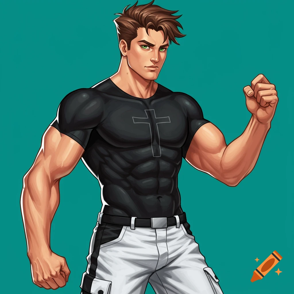 Muscular man with brown hair, green eyes, black shirt with cross, white pants, flexing arm in anime style.