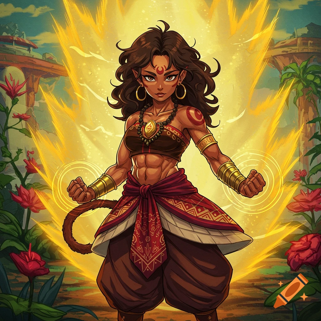 Muscular woman with Saiyan features in a fantasy setting, anime style.
