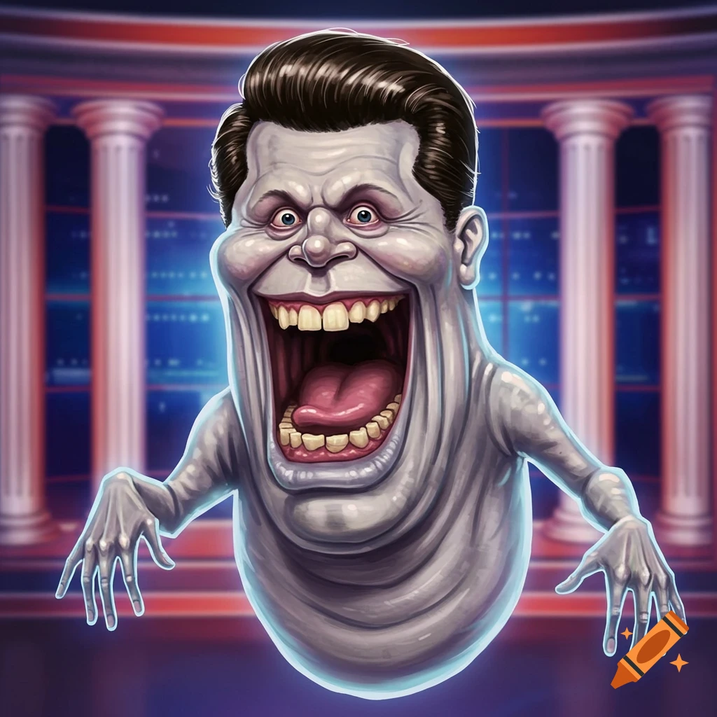A cartoon ghost with dark hair and a wide grin in front of pillars.