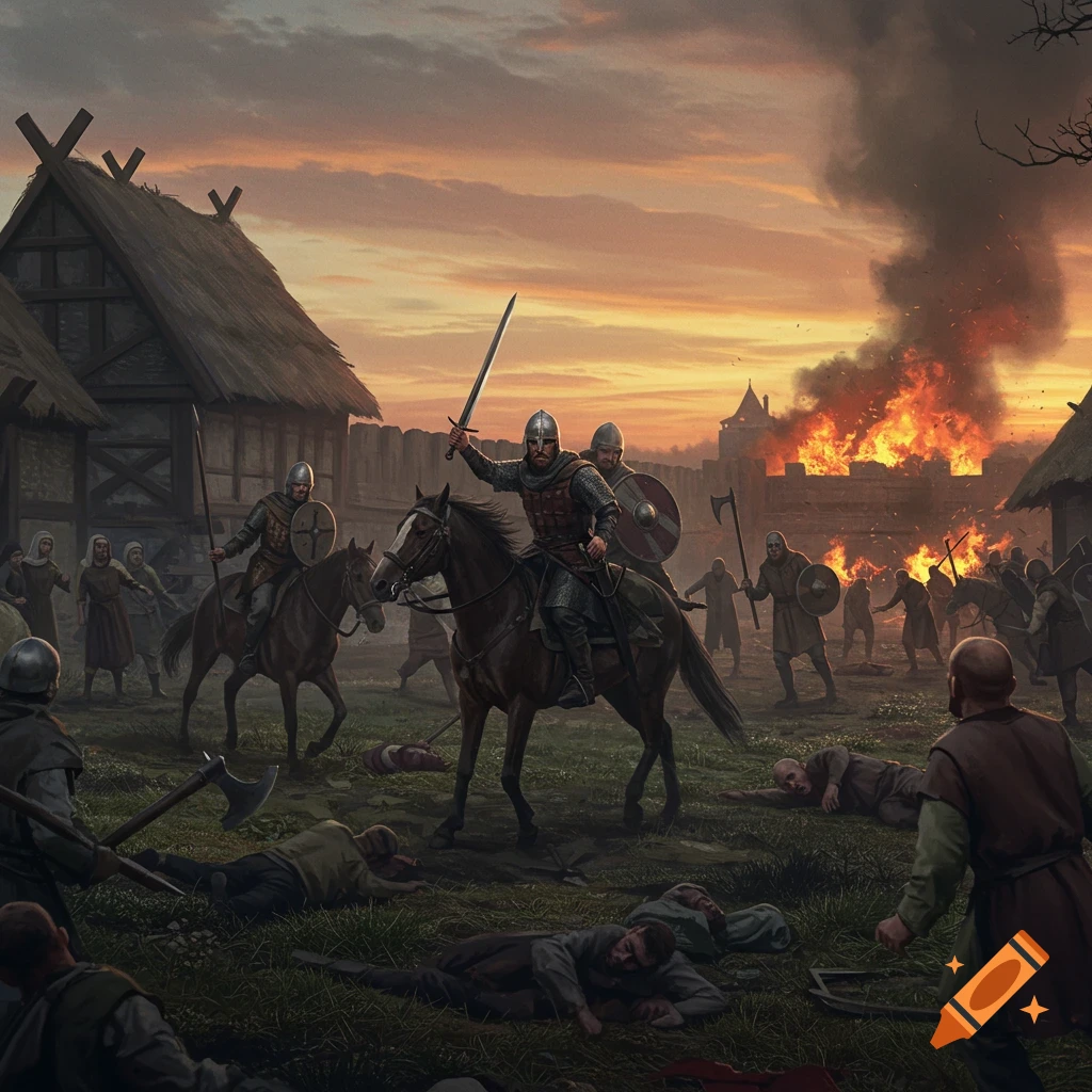 Medieval warriors raiding a village with burning buildings and fallen fighters.
