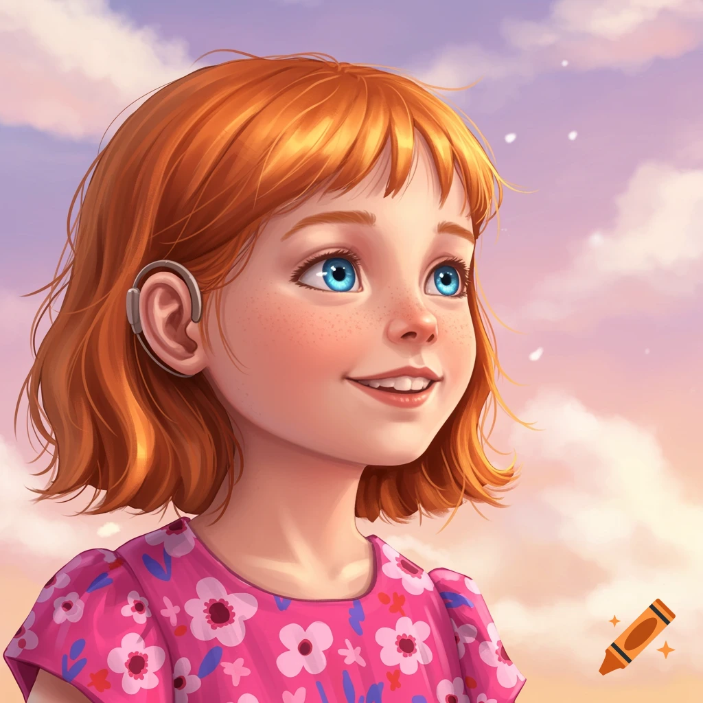 A young girl with a cochlear implant looks at a pastel sky.