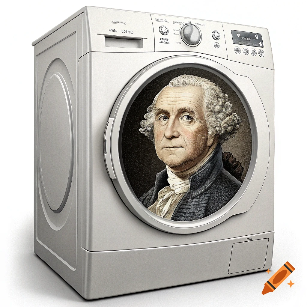 Portrait of George Washington in the round window of a white washing machine.