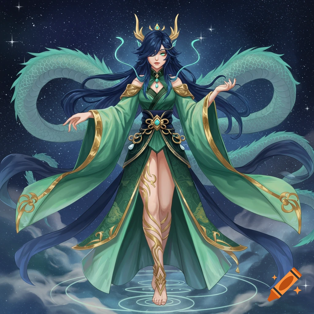 A fantasy woman with blue hair and dragon features in a green and gold dress, standing against a starry sky.