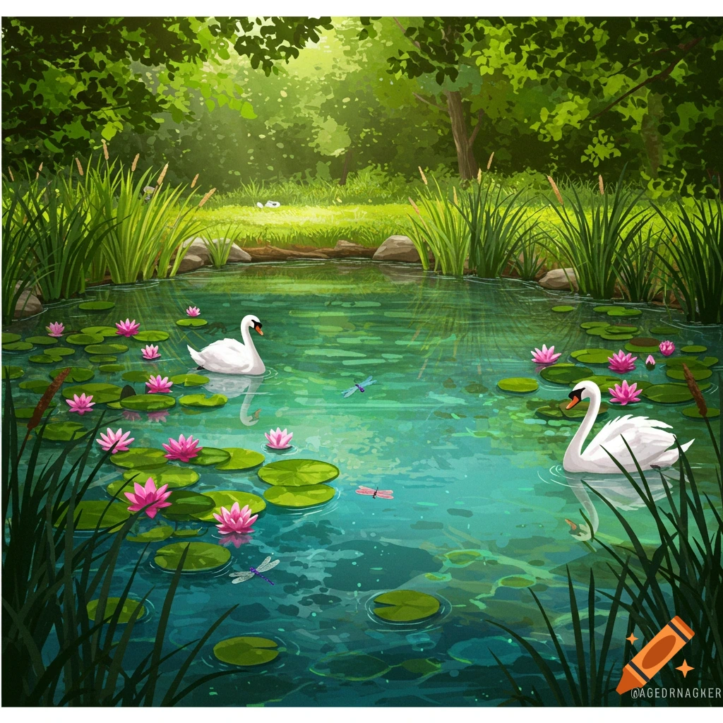 A pond with swans, lily pads, and dragonflies in a forest.