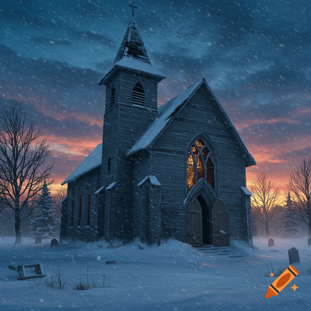 An abandoned church in a blizzard at dusk