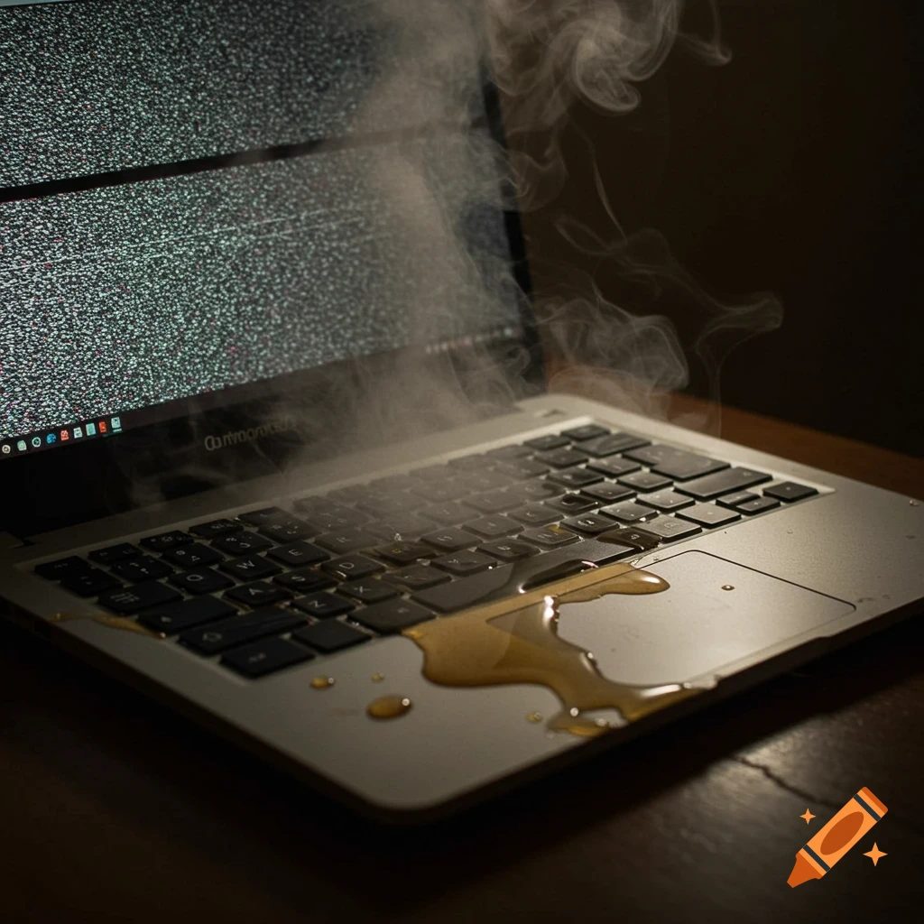 A laptop with spilled liquid on the keyboard, smoke rising, and static on the screen.