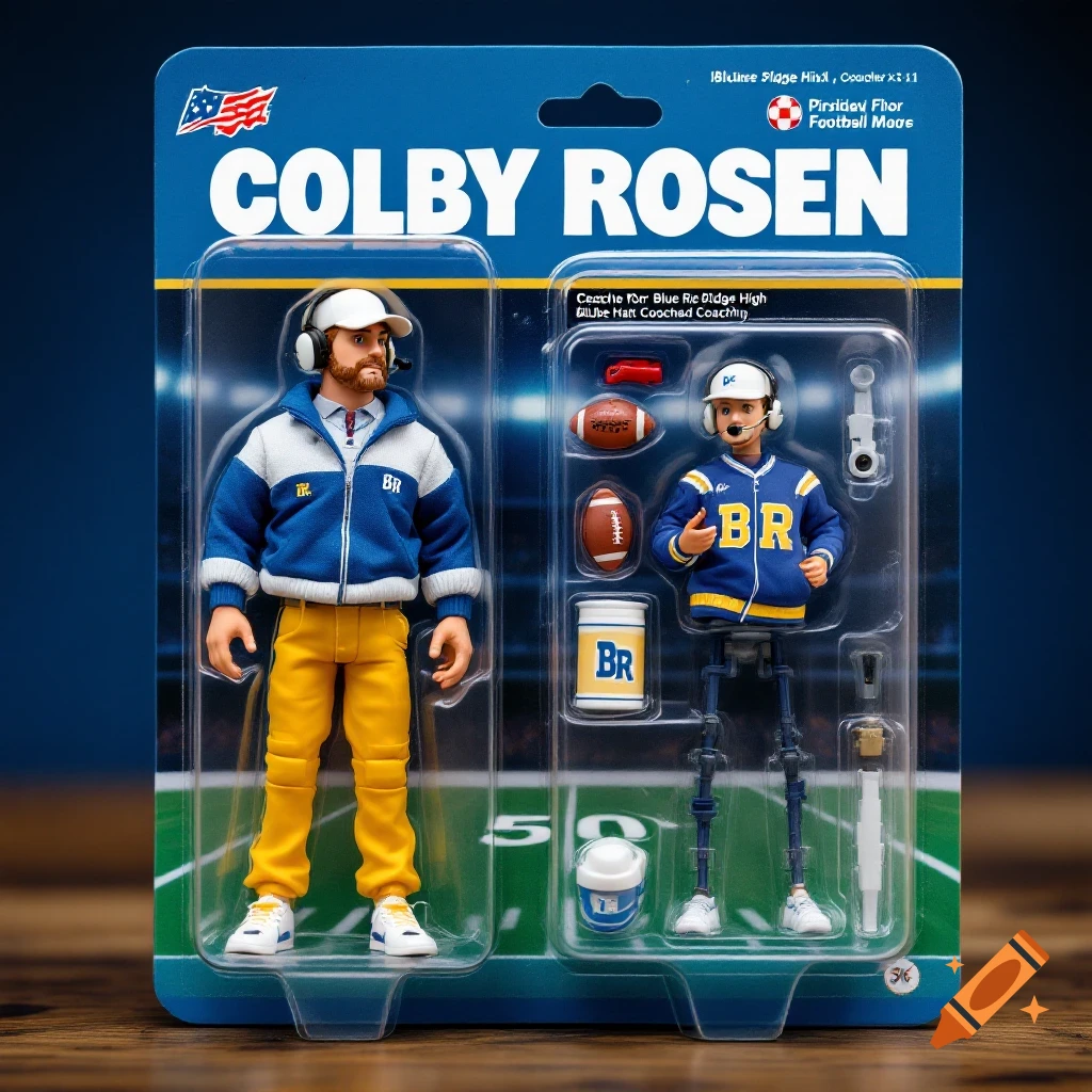 Action figure blister pack of 'Colby Rosen' football coaches with accessories on a football field background.