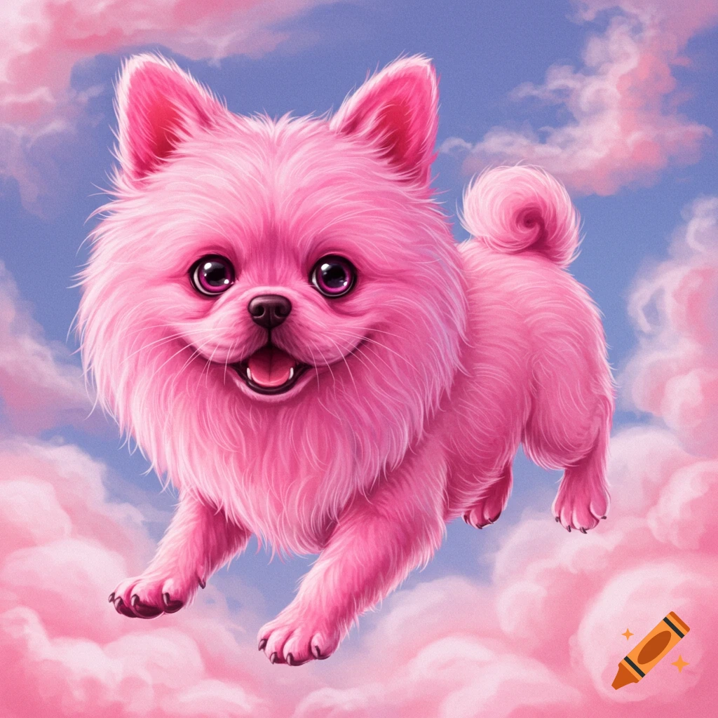 A bright pink fluffy dog flying through a sky with pink clouds.