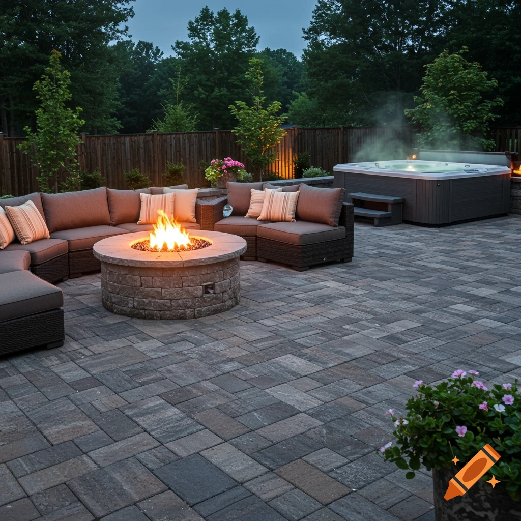A paver patio with a fire pit, sectional sofa, and hot tub in a backyard.