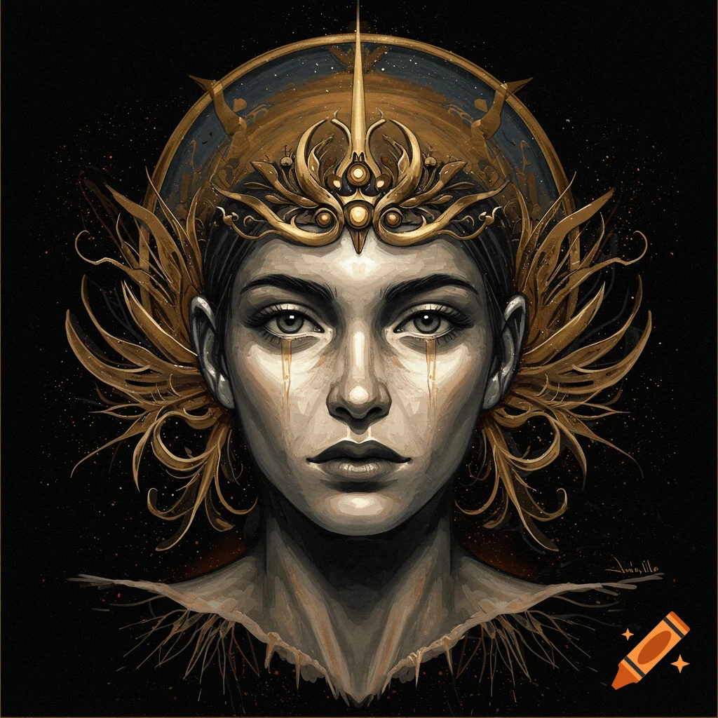 A woman with golden fantasy headwear and tears.