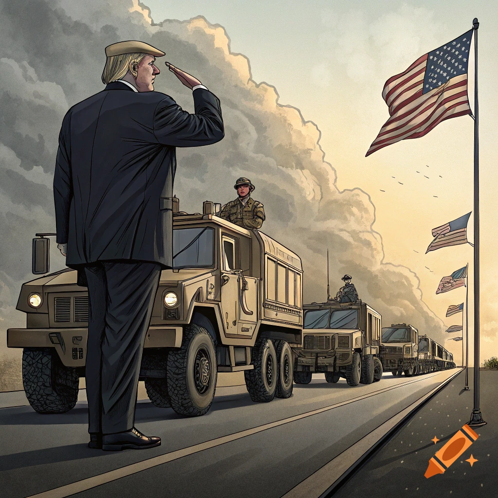 Illustration of a figure resembling Donald Trump saluting as military trucks drive past American flags.