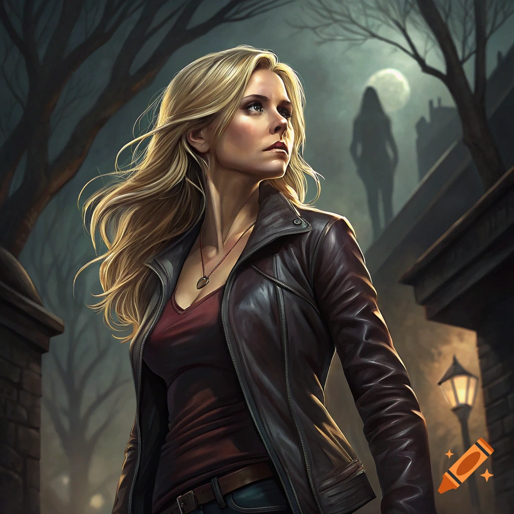 Blonde woman in leather jacket stands in a dark street scene, looking intently, with a shadowy figure under a full moon.