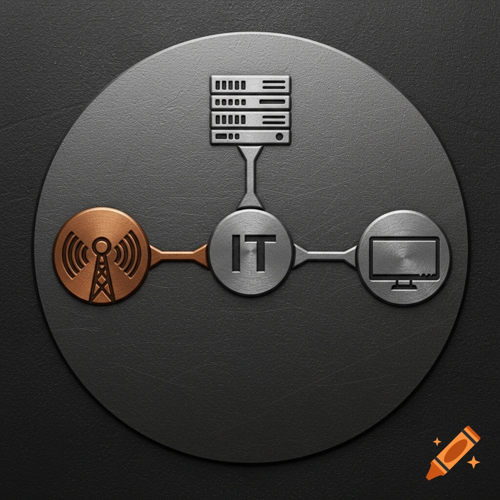 A circular patch with a metallic icon representing IT, connecting a radio tower, a server rack, and a computer monitor.