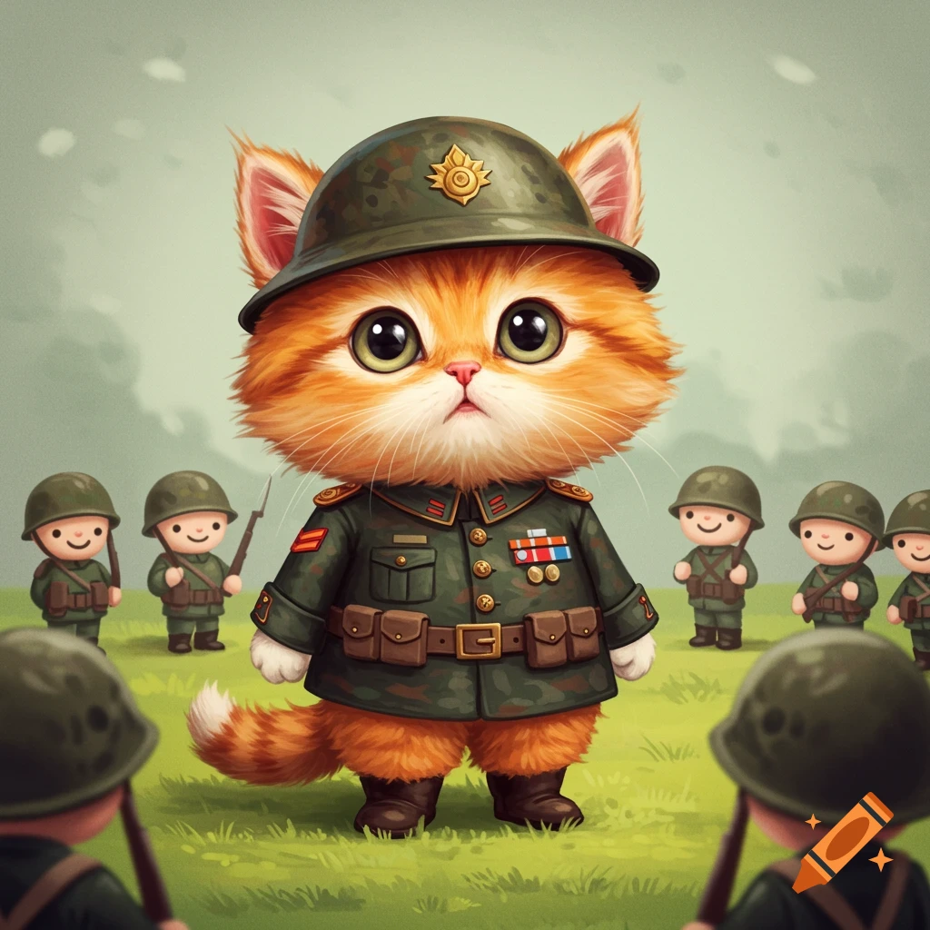 Cartoon of a cute ginger kitten in a military uniform standing among smaller cartoon soldiers.
