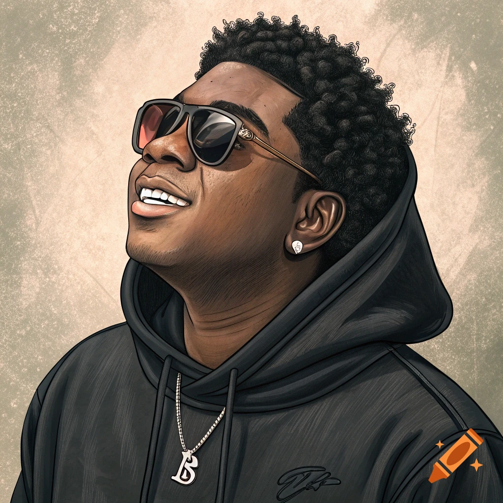 Illustration of a young man with curly hair, sunglasses, hoodie, and necklace looking up.