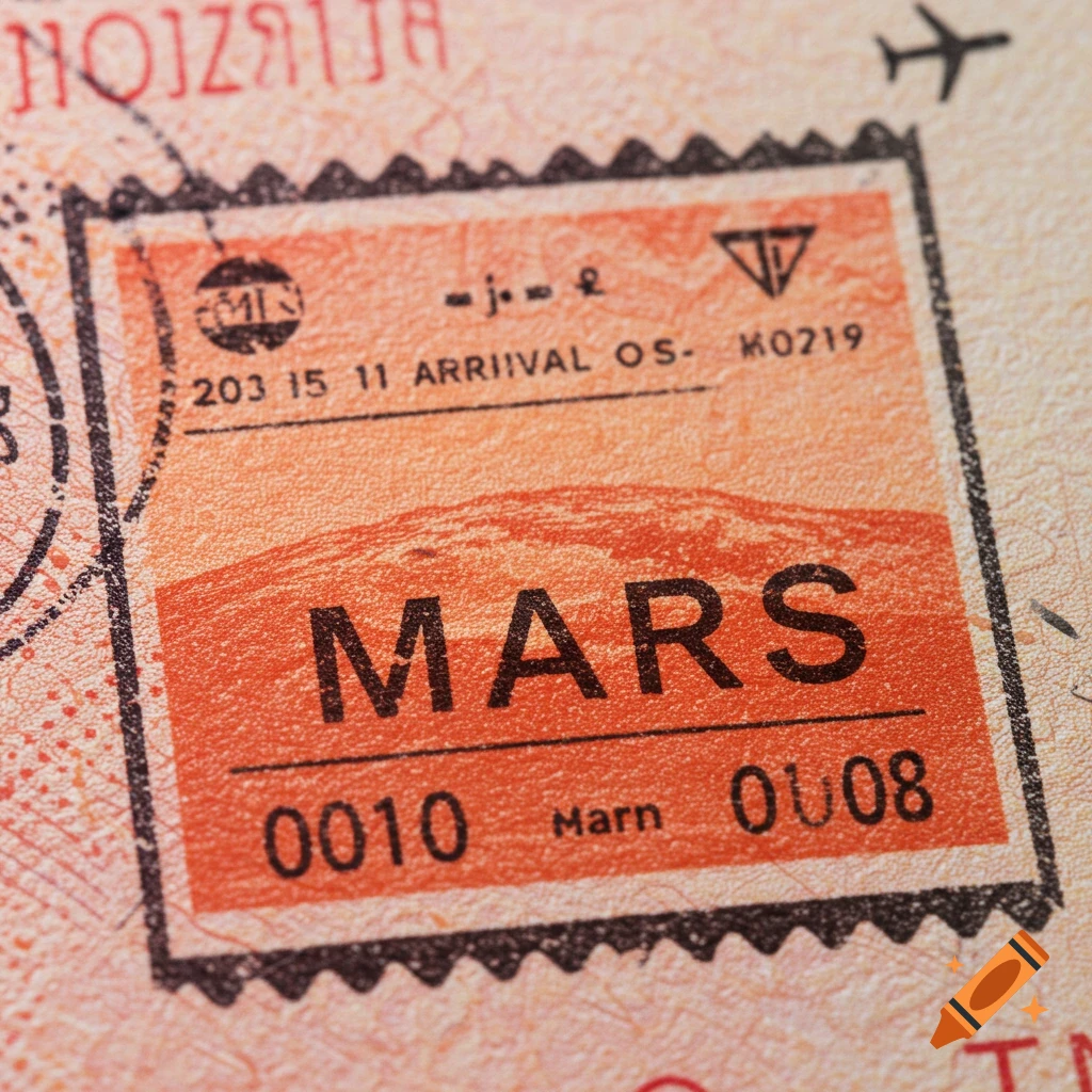 Close-up of a realistic passport stamp for Mars on textured paper.