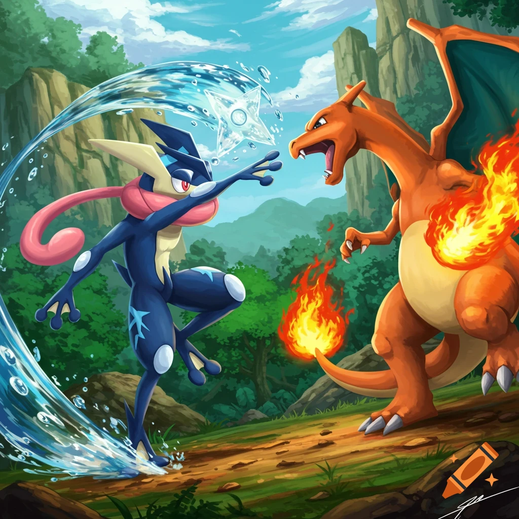 Greninja attacks Charizard with a water shuriken during a battle in a forest.