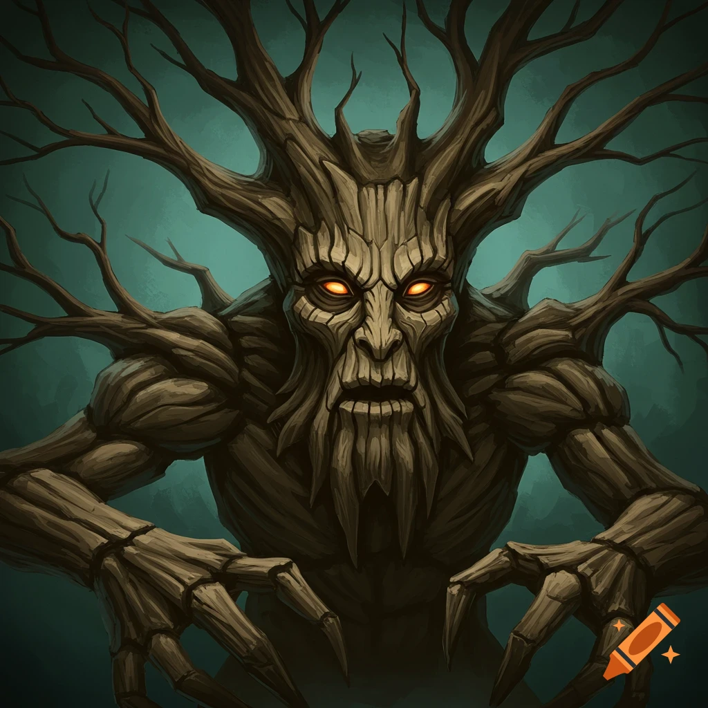 Image of a tree monster with glowing eyes and branch-like limbs.