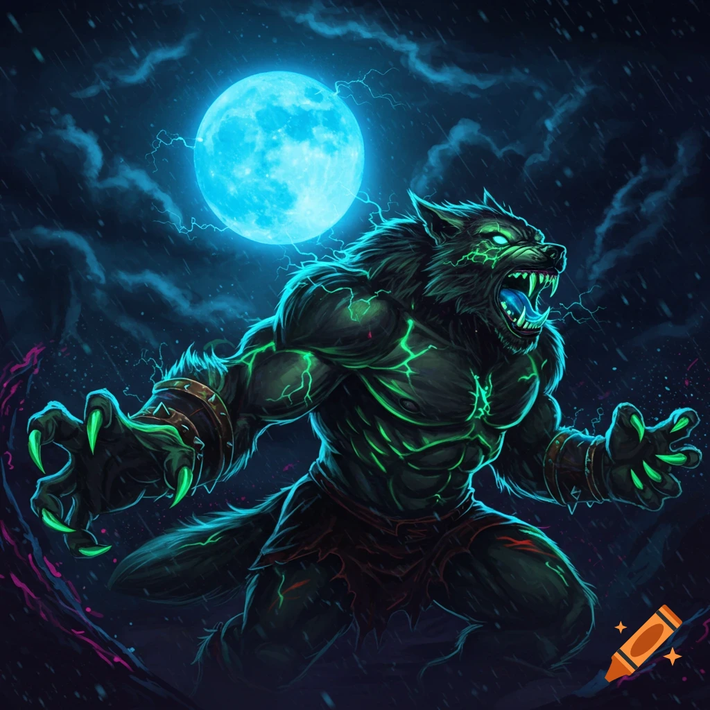 A glowing neon werewolf roars under a full moon.
