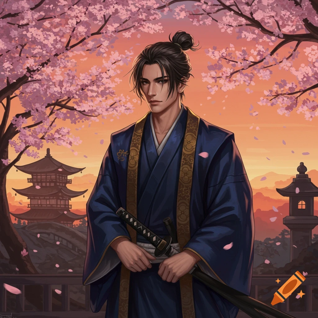 A handsome Japanese man in a blue robe holding a katana, standing under cherry blossoms with a temple in the background.