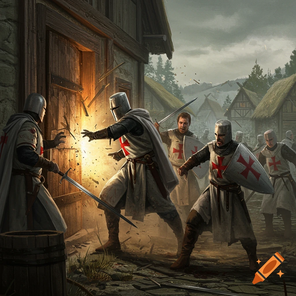 Templar knights breaking down a wooden door in a village.