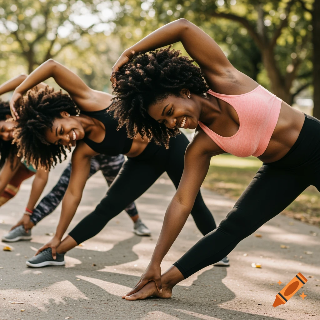 Group of women stretching outdoors in a park.