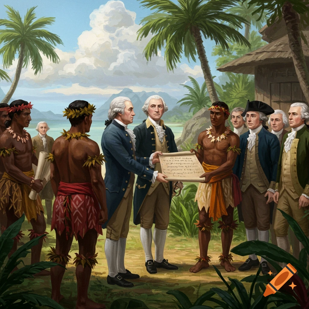 Men in 18th-century clothes meeting indigenous people on a tropical island to exchange a scroll.