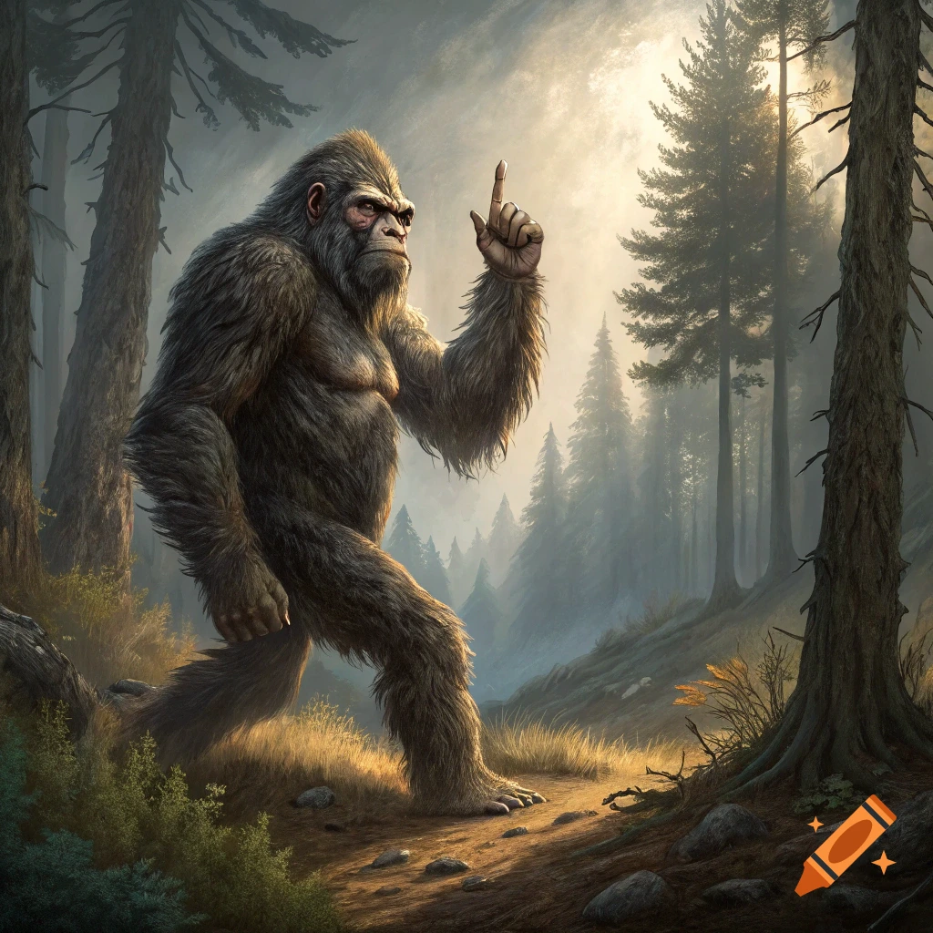 A large Bigfoot creature stands in a misty forest, pointing a finger skyward.
