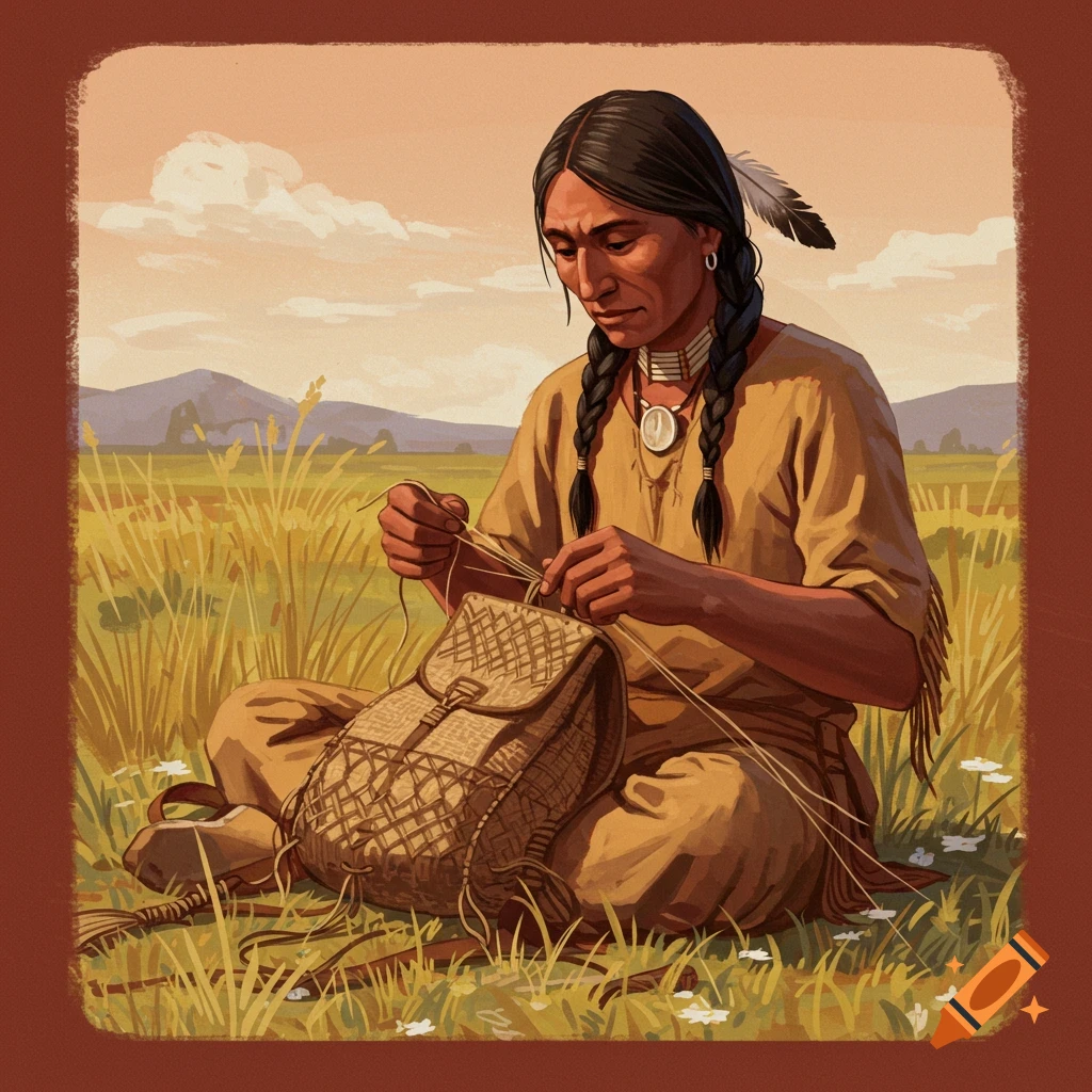 A Native American person weaving a backpack outdoors in a field.