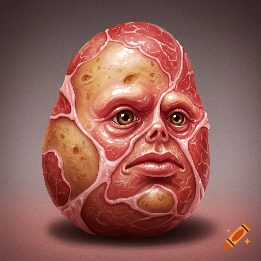 A potato-shaped head made of meat with a face and brown eyes.