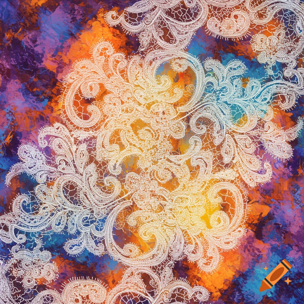 Abstract background with colorful brushstrokes and white lace patterns.