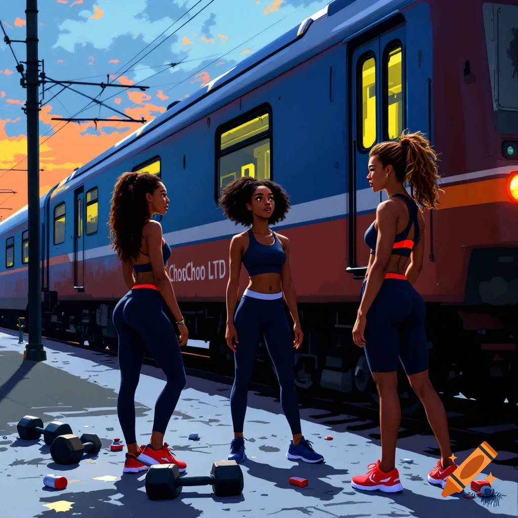 Three women in athletic wear stand by a train on a platform with weights on the ground.