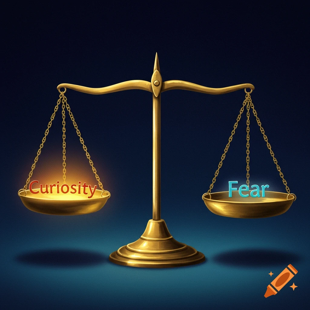 A golden balance scale shows the word 'Curiosity' on a lower pan and 'Fear' on a higher pan, symbolizing curiosity outweighing fear.