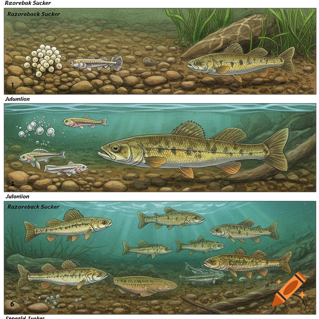 Illustration showing the lifecycle of a razorback sucker, with eggs, larvae, juveniles, and adults.