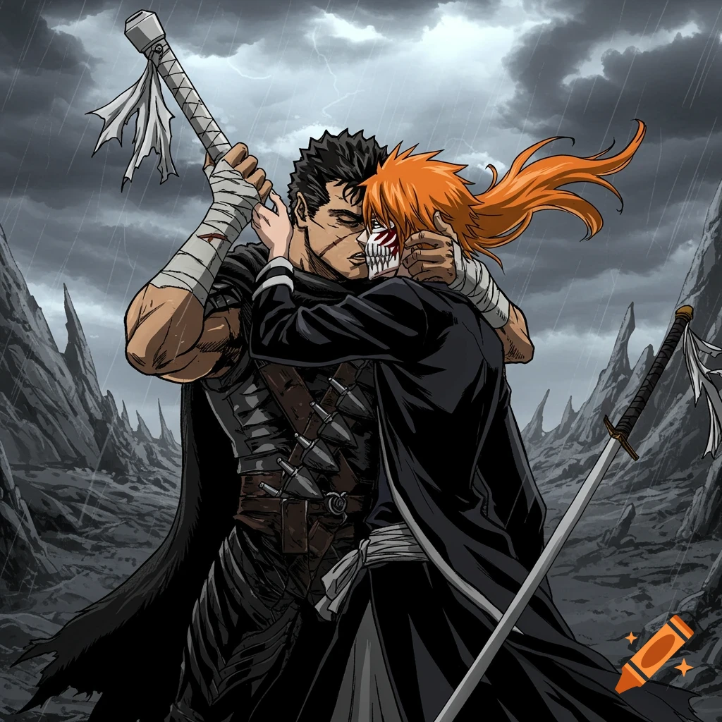 Guts from Berserk and Hollow Ichigo from Bleach kissing in a stormy landscape, anime style.