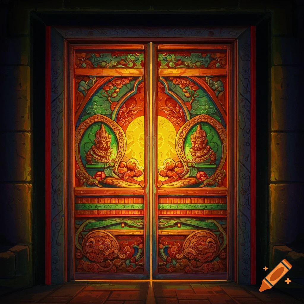 An ornate, colorful double door