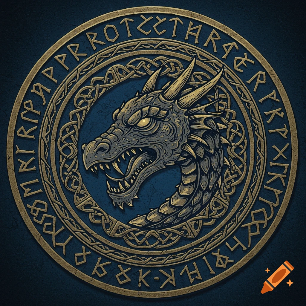 A circular gold Norse-style emblem with a dragon head in the center and a ring of runes and knotwork.