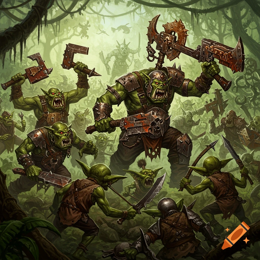 A battle between Orks and Goblins takes place in a jungle