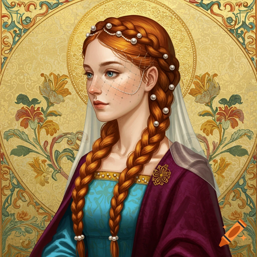 A young woman with red braided hair wears medieval attire