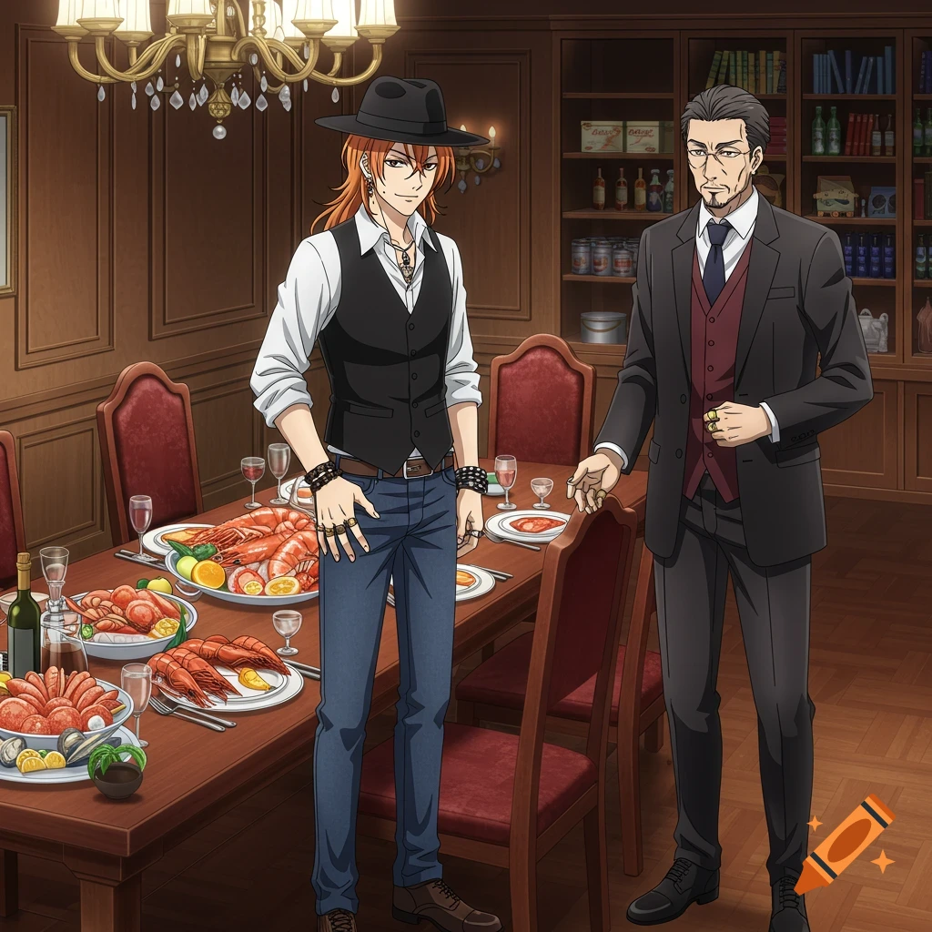 Anime illustration of two men standing beside a dining table piled with seafood.
