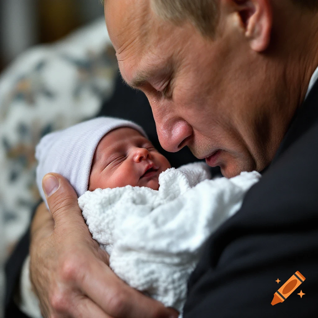 Close-up photorealistic image of Vladimir Putin holding a newborn baby wrapped in a white blanket.