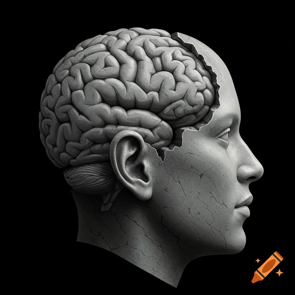 Side profile of a cracked stone head revealing a textured stone brain inside, against a black background.